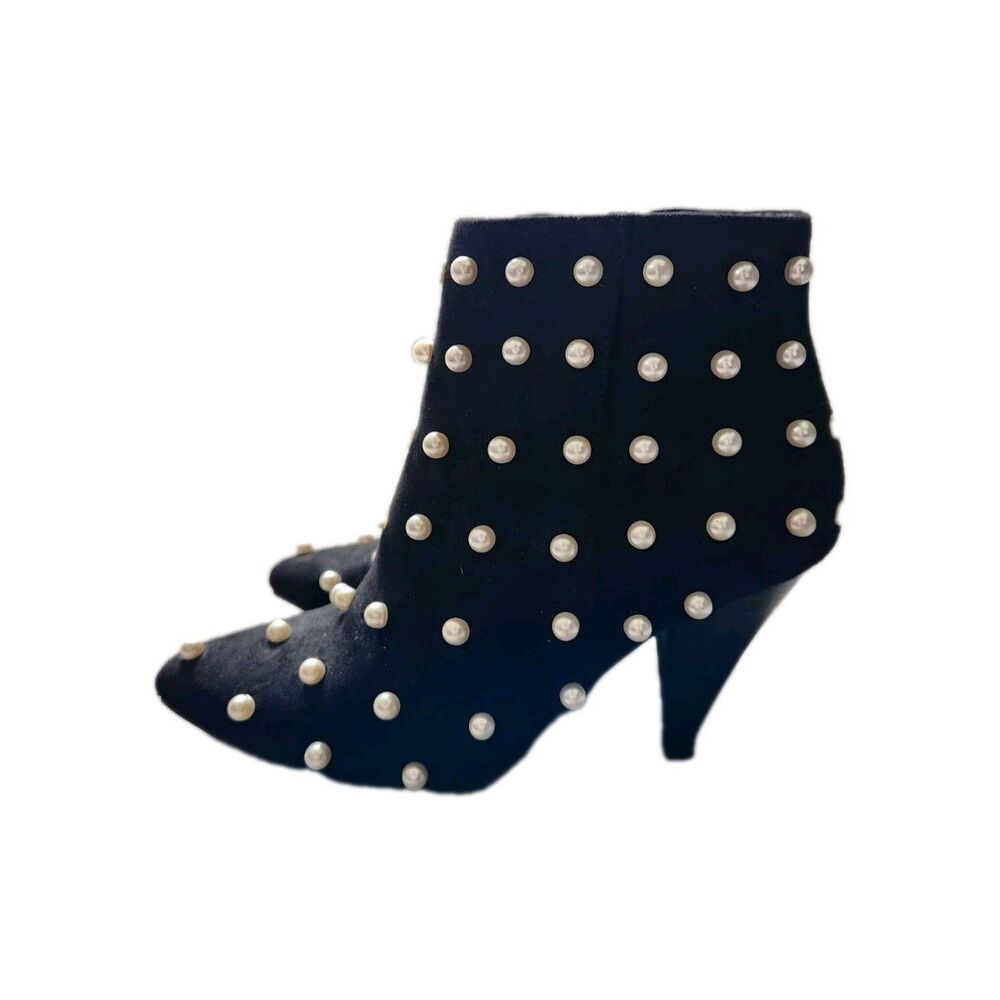 NWOB Comfort Pearl Stud Ankle Booties Womens 6M Black Pointed Toe Heeled Boot